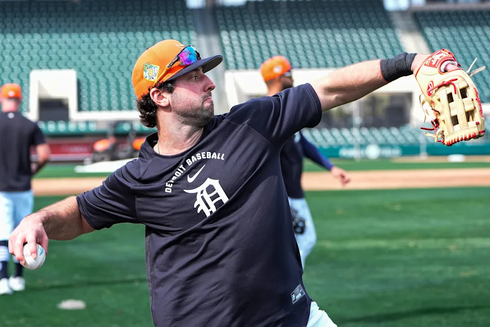 Detroit Tigers outfielder Matt Vierling practices during spring training at TigerTown in Lakeland, Fla. on Sunday, Feb. 15, 2026.