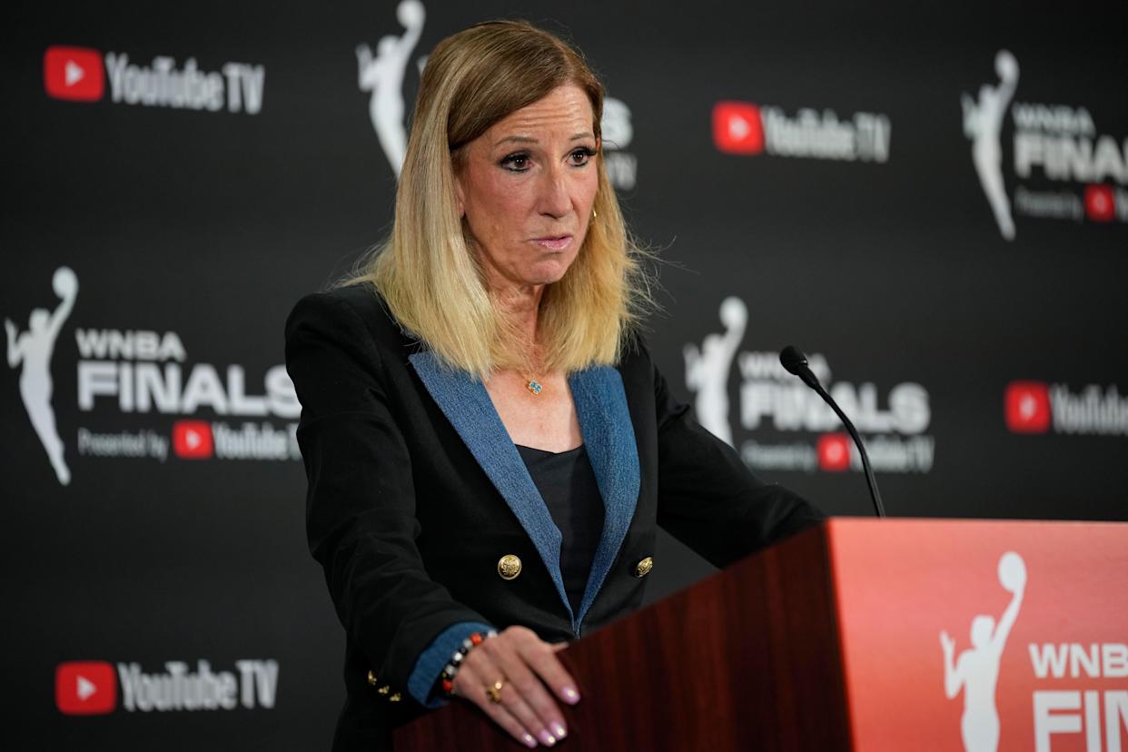 WNBA commissioner Cathy Engelbert speaks prior to Game 1 of a WNBA basketball final playoff series between the Las Vegas Aces and the Phoenix Mercury, Friday, Oct. 3, 2025, in Las Vegas. / Credit: John Locher / AP