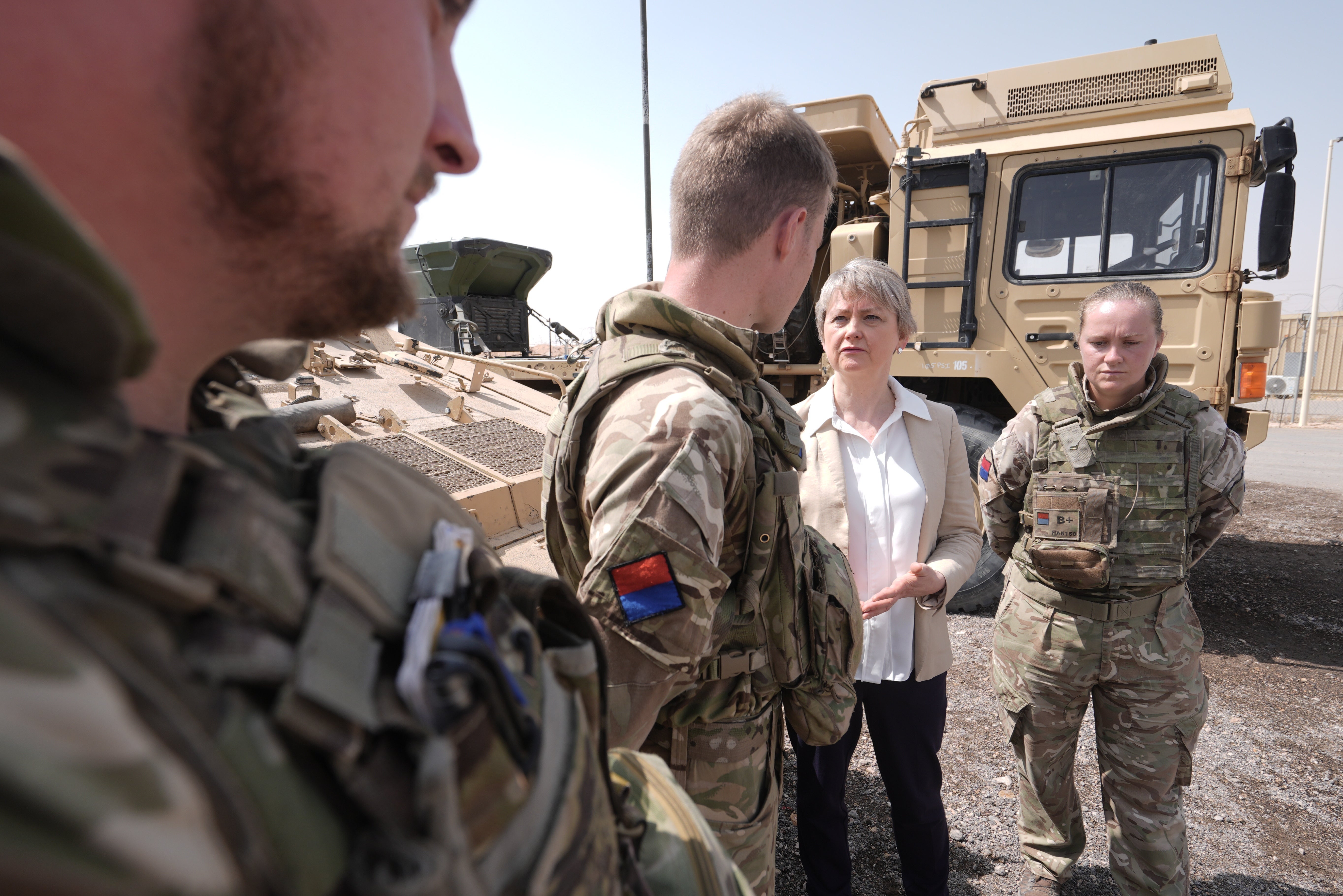 Yvette Cooper meeting soldiers during her visit to a British military base in Saudi Arabia earlier this month (Stefan Rousseau/PA)
