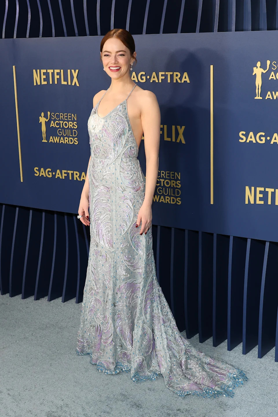 LOS ANGELES, CALIFORNIA - FEBRUARY 24: Emma Stone attends 30th Annual Screen Actors Guild Awards - Arrivals at Shrine Auditorium and Expo Hall on February 24, 2024 in Los Angeles, California. (Photo by Leon Bennett/GA/The Hollywood Reporter via Getty Images)