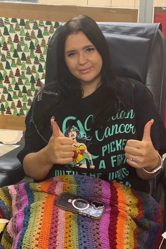 Jessica at the doctor's office during treatment for ovarian cancerCredit: GoFundMe
