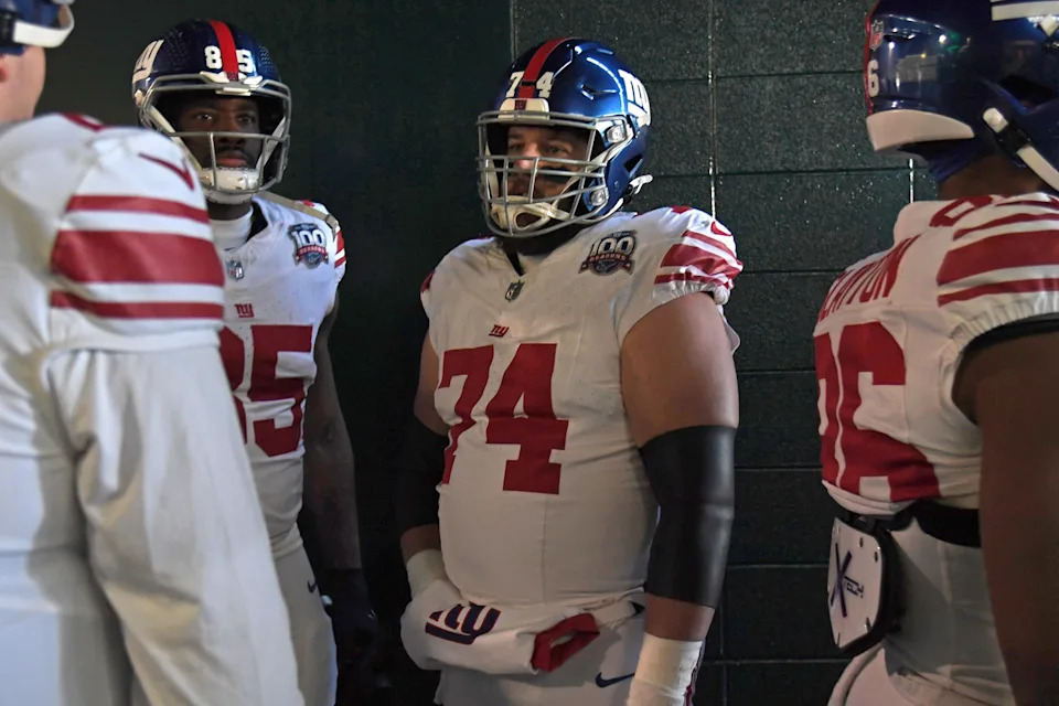 Jan 5, 2025; Philadelphia, Pennsylvania, USA; New York Giants guard Greg Van Roten (74) in the tunnel against the Philadelphia Eagles at Lincoln Financial Field. Mandatory Credit: Eric Hartline-Imagn Images
