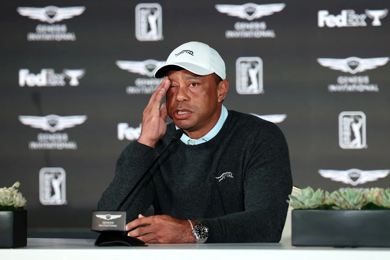 Feb 17, 2026; Pacific Palisades, CA, USA;  Genesis Invitational tournament host Tiger Woods speaks to the media during a press conference at Riviera Country Club. Mandatory Credit: Kiyoshi Mio-Imagn Images
