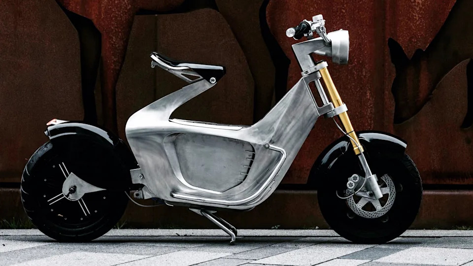 A futuristic looking steel bike frame 