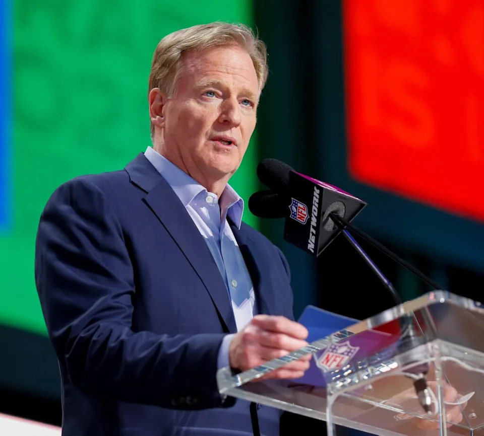 NFL Commissioner Roger Goodell welcomes fans to the 2025 NFL Draft before the first round on Thursday, April 24, 2025, at Lambeau Field in Green Bay, Wisconsin. The draft runs through April 26.