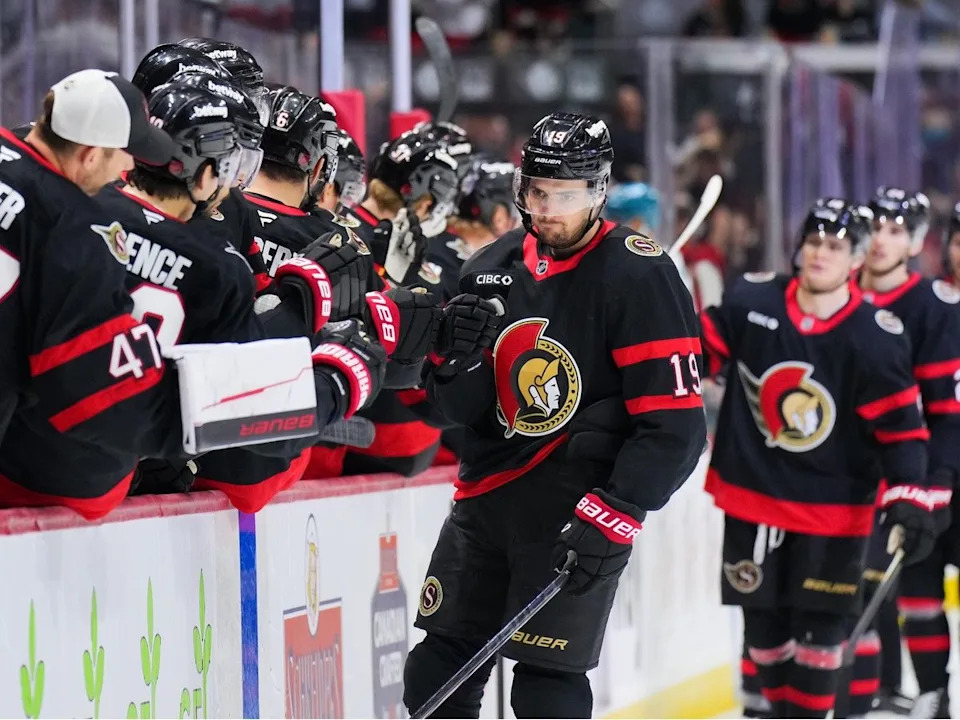  Drake Batherson of the Ottawa Senators celebrates his goal with teammates in the first period against the San Jose Sharks at Canadian Tire Centre on March 15, 2026.