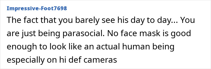 Screenshot of an online comment discussing Jim Carrey theories and the mask used by a drag queen to pose as the actor. Screenshot of an online comment discussing Jim Carrey theories and the mask used by a drag queen to pose as the actor.