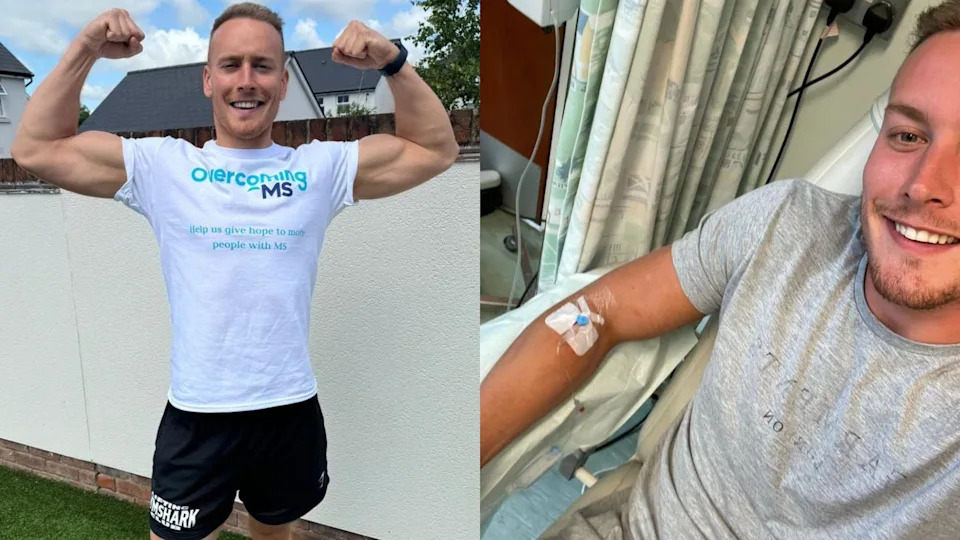 A composite of two images shows George smiling as he stands in a garden and shows the muscles on his arms. He is wearing a white T-shirt which says 'Overcoming MS' and 'help us give hope to more people with MS'. The second image shows him smiling while sitting in a chair in hospital. He is wearing a grey T-shirt and has a drip in his arm. 