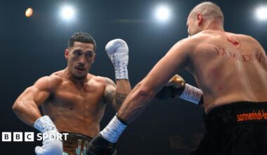 Jai Opetaia (left) in action during his fight against Huseyin Cinkara in December