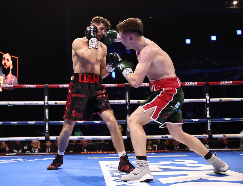 Action from the BUI Celtic Middleweight clash between Eóghan Walsh and Liam Walsh in Fight Night at the 3 Arena, Dublin. Photo: Queensberry/Leigh Dawney
