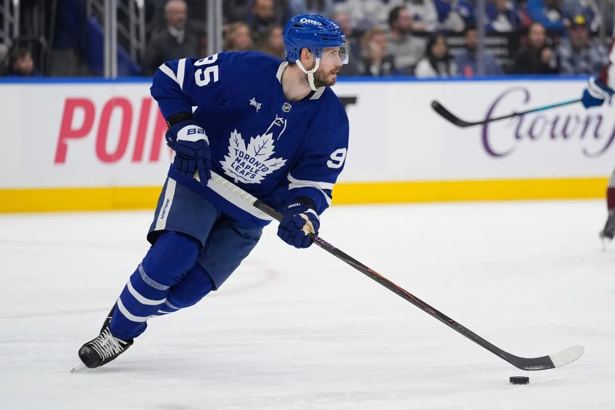 Toronto Maple Leafs defenseman Oliver Ekman-Larsson (95) carries the puck against the Colorado Avalanche at Scotiabank Arena