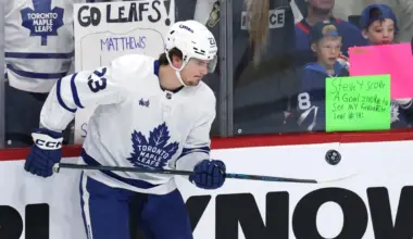 Toronto Maple Leafs left wing Matthew Knies (23) puck juggles before a game against the Winnipeg Jets at Canada Life Centre.