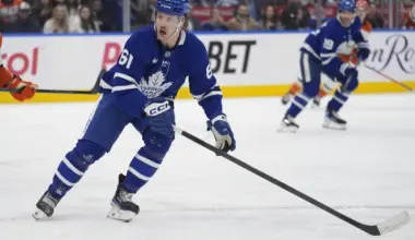 Toronto Maple Leafs forward Michael Pezzetta (61) skates against the Anaheim Ducks during the third period at Scotiabank Arena.
