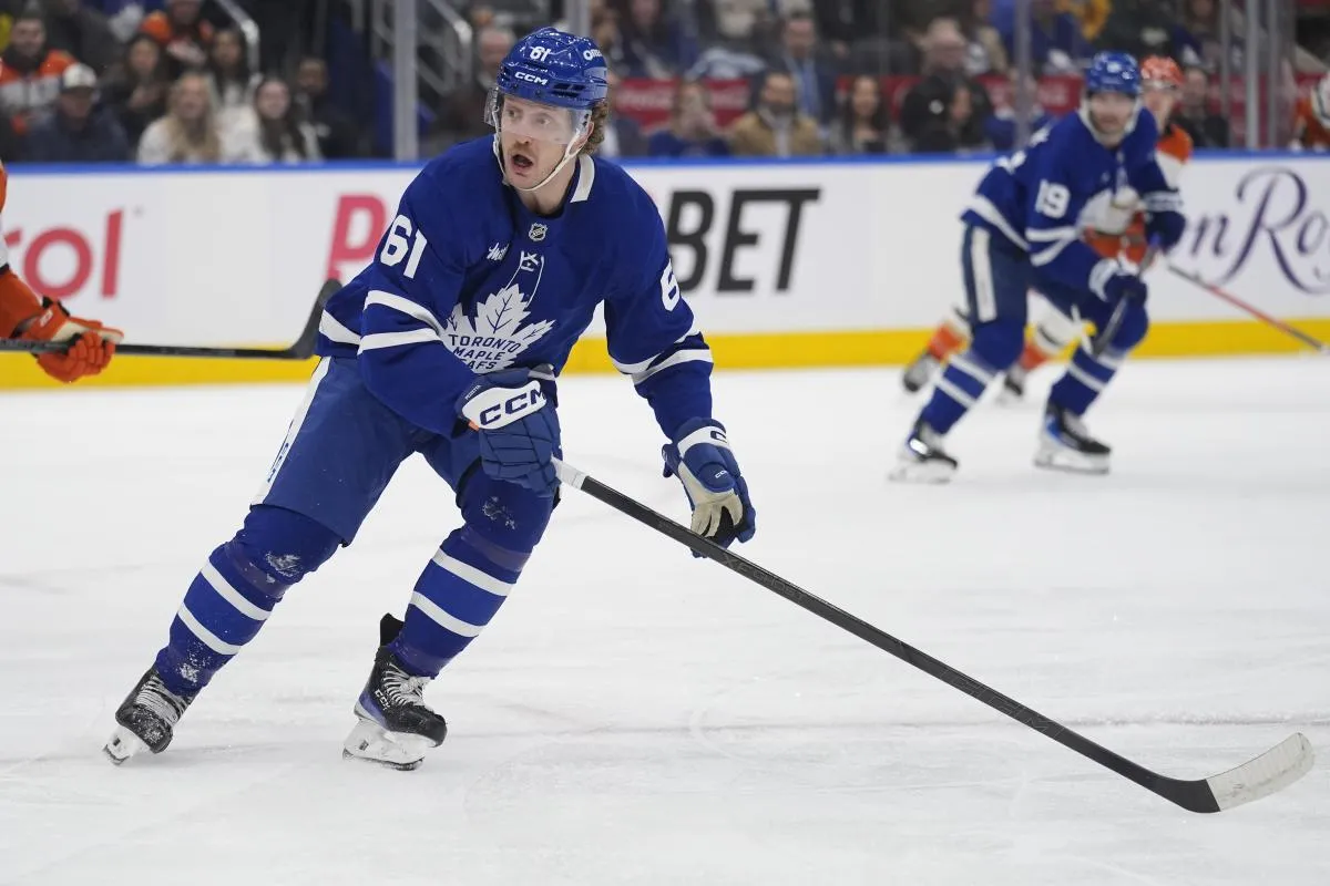 Toronto Maple Leafs forward Michael Pezzetta (61) skates against the Anaheim Ducks during the third period at Scotiabank Arena.