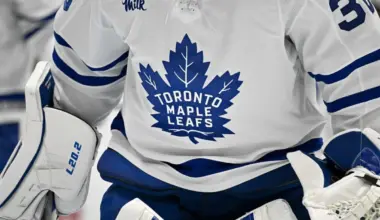 A view of the Toronto Maple Leafs logo during the game between the Dallas Stars and the Toronto Maple Leafs at American Airlines Center.