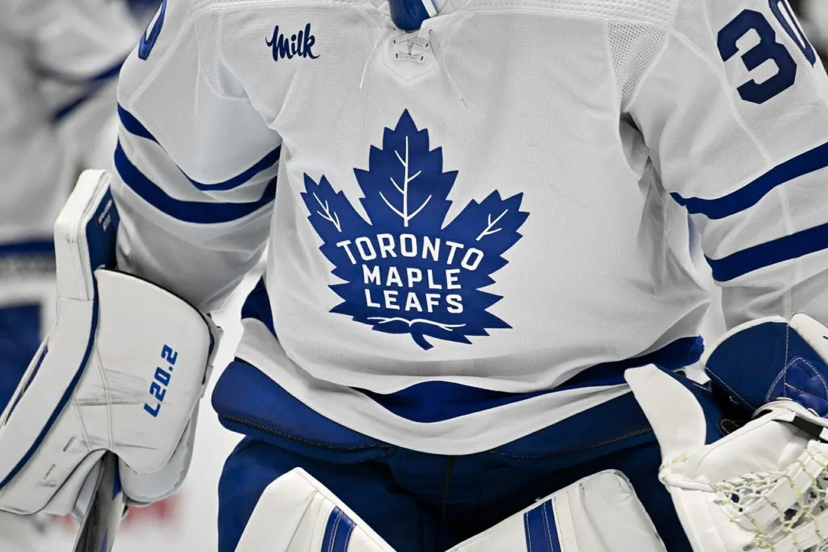 A view of the Toronto Maple Leafs logo during the game between the Dallas Stars and the Toronto Maple Leafs at American Airlines Center.