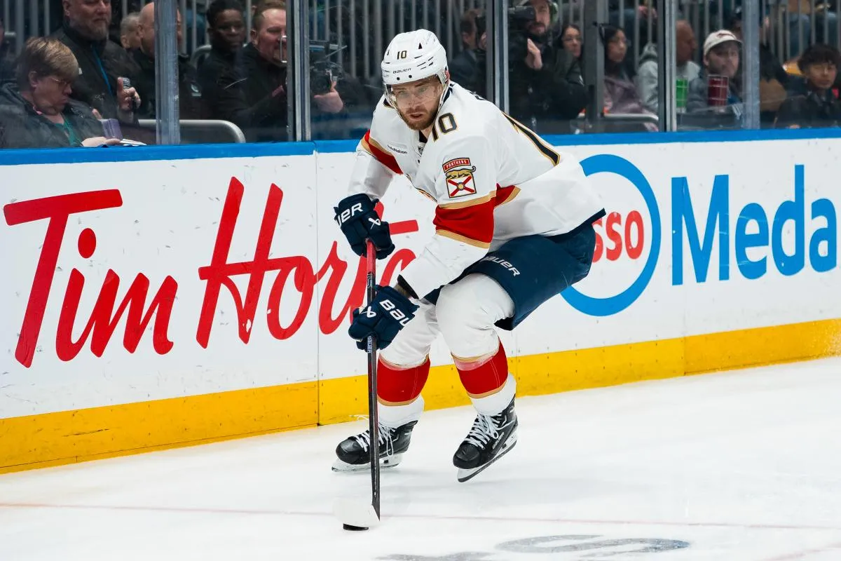 Florida Panthers forward A.J. Greer (10) handles the puck against the Vancouver Canucks in the first period at Rogers Arena.