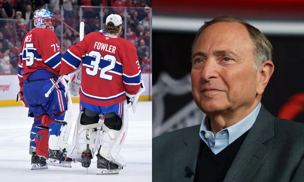 Photo of Jakub Dobes, Jacob Fowler and Gary Bettman.