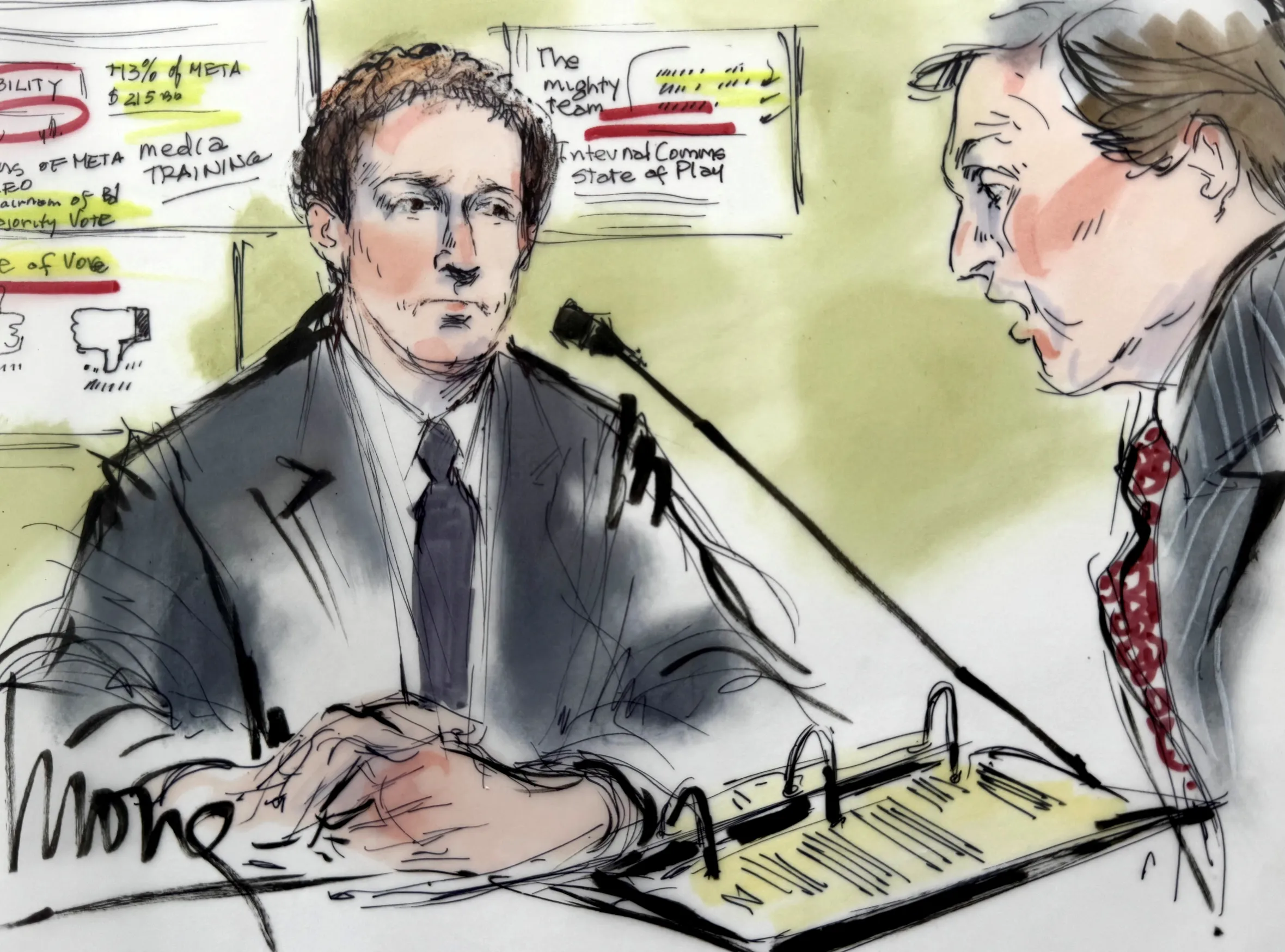 Illustration of Meta Platforms CEO Mark Zuckerberg at a trial in a key test case.