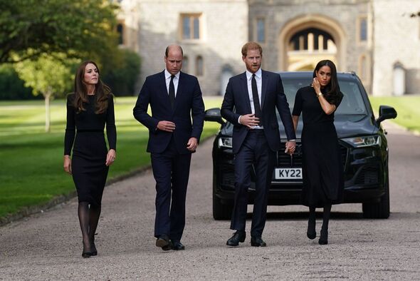 The Prince and Princess of Wales Accompanied By The Duke And Duchess Of Sussex Greet Wellwishers Outside Windsor Castle