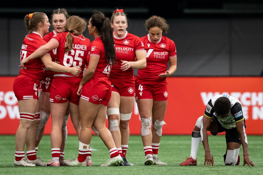 Canada celebrates after defeating Fiji for fifth place during Vancouver Sevens women's rugby action, in Vancouver, on Sunday, March 8, 2026. THE CANADIAN PRESS/Ethan Cairns