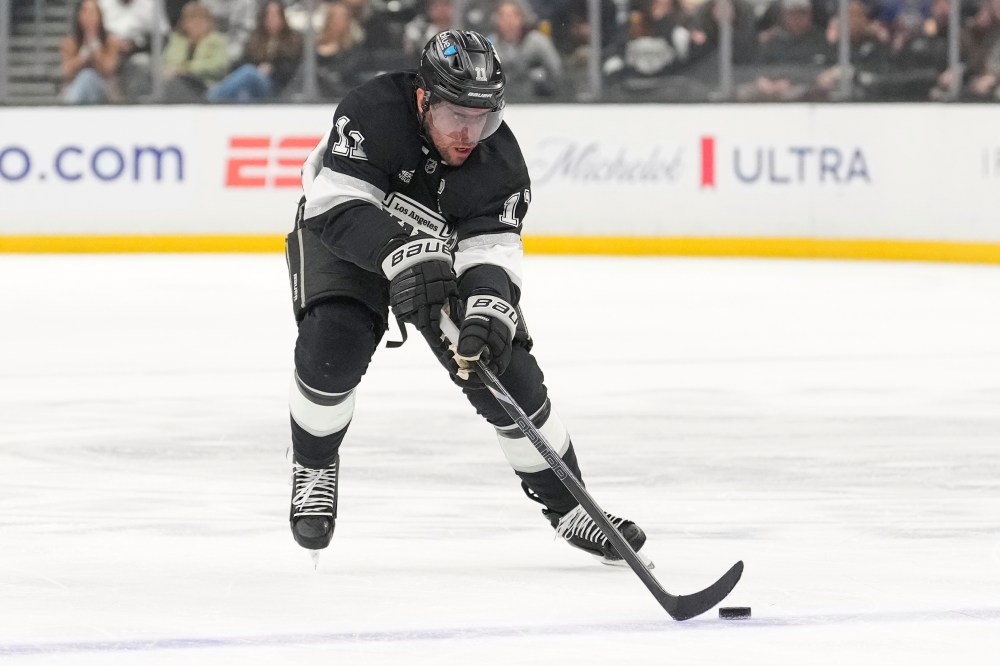 Los Angeles Kings center Anze Kopitar skates during the second period of an NHL hockey game against the New York Islanders, Thursday, March 5, 2026, in Los Angeles. (AP Photo/Mark J. Terrill)