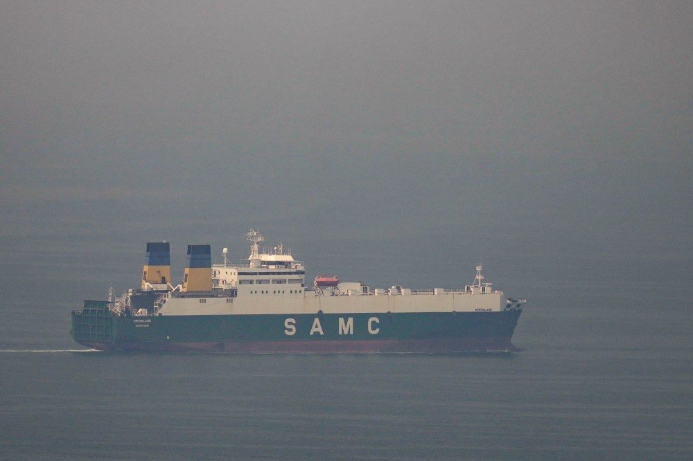 A cargo ship sails in the Arabian Gulf towards Strait of Hormuz in United Arab Emirates, Sunday, March 15, 2026. (AP Photo/Altaf Qadri)