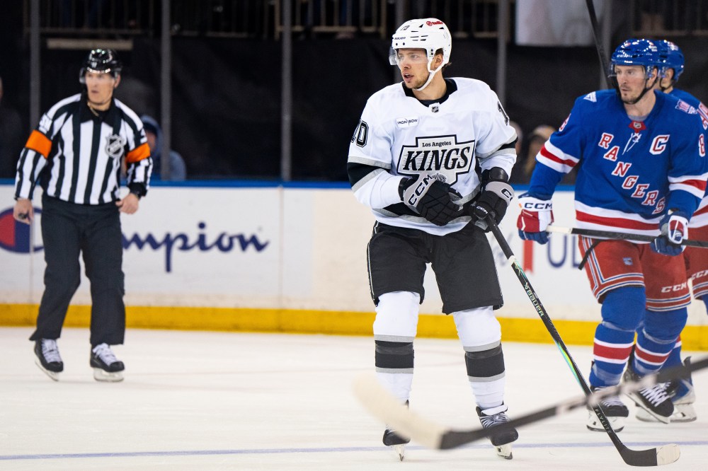 Los Angeles Kings left wing Artemi Panarin (10), a former New York Rangers player, returns for the first time to Madison Square Garden during the first period of an NHL hockey game against his former team, Monday, March 16, 2026, in New York. (AP Photo/Angelina Katsanis)