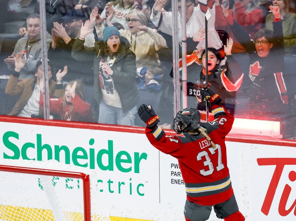Ottawa Charge's Rebecca Leslie (37) celebrates scoring the game-winning goal against the Montreal Victoire during overtime PWHL action in Winnipeg, Sunday, March 22, 2026. THE CANADIAN PRESS/John Woods