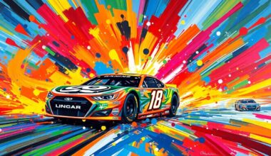 A dynamic, colorful painting with bold, expressive brushstrokes capturing the intense energy and motion of NASCAR race cars competing on the short track at Martinsville Speedway.