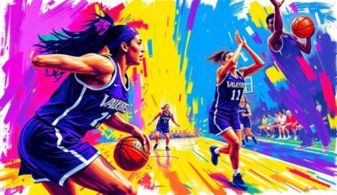 A vibrant, expressionist painting in neon colors depicting the movement and energy of a WNBA basketball game, with the Valkyries