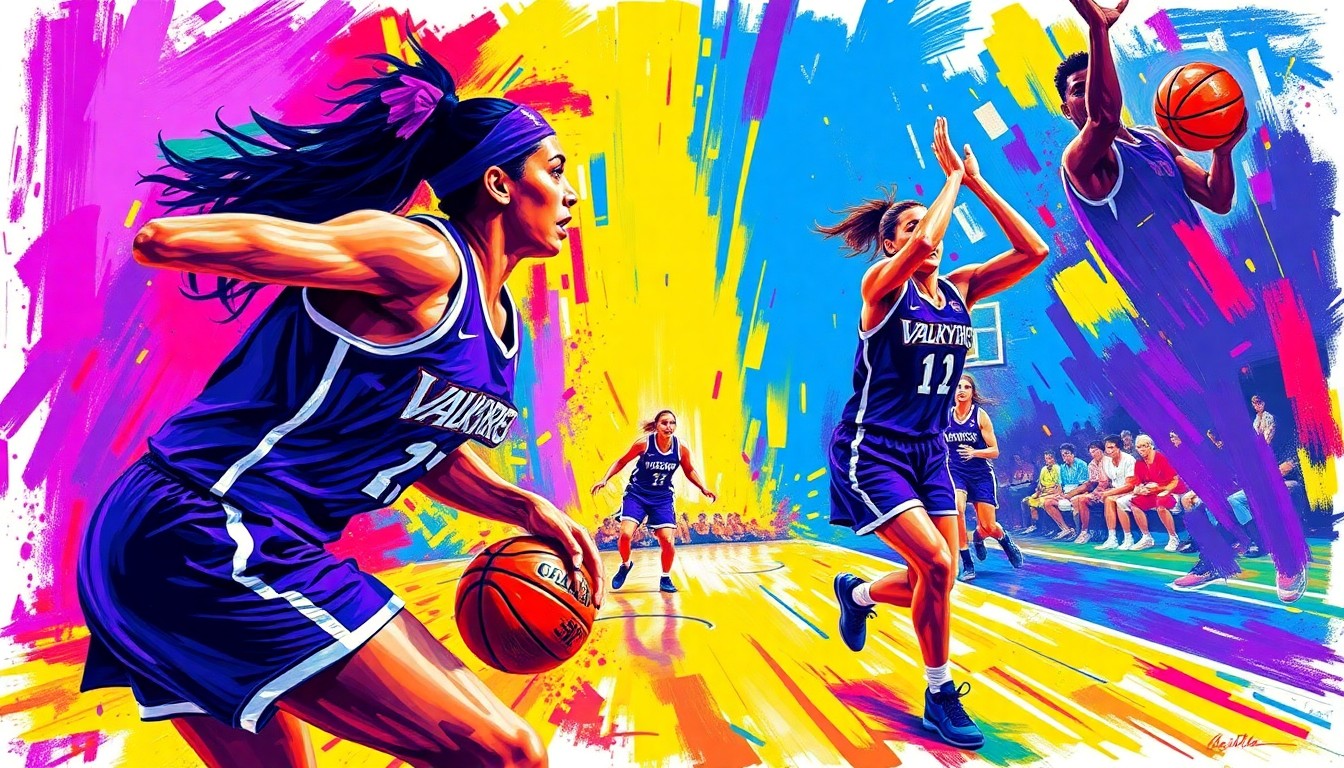 A vibrant, expressionist painting in neon colors depicting the movement and energy of a WNBA basketball game, with the Valkyries