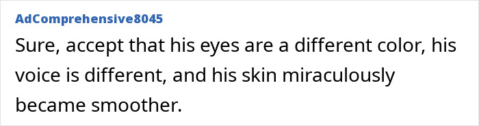 Text from an online comment discussing differences in eye color, voice, and skin smoothness related to Jim Carrey theories reaching new heights. Text from an online comment discussing differences in eye color, voice, and skin smoothness related to Jim Carrey theories reaching new heights.