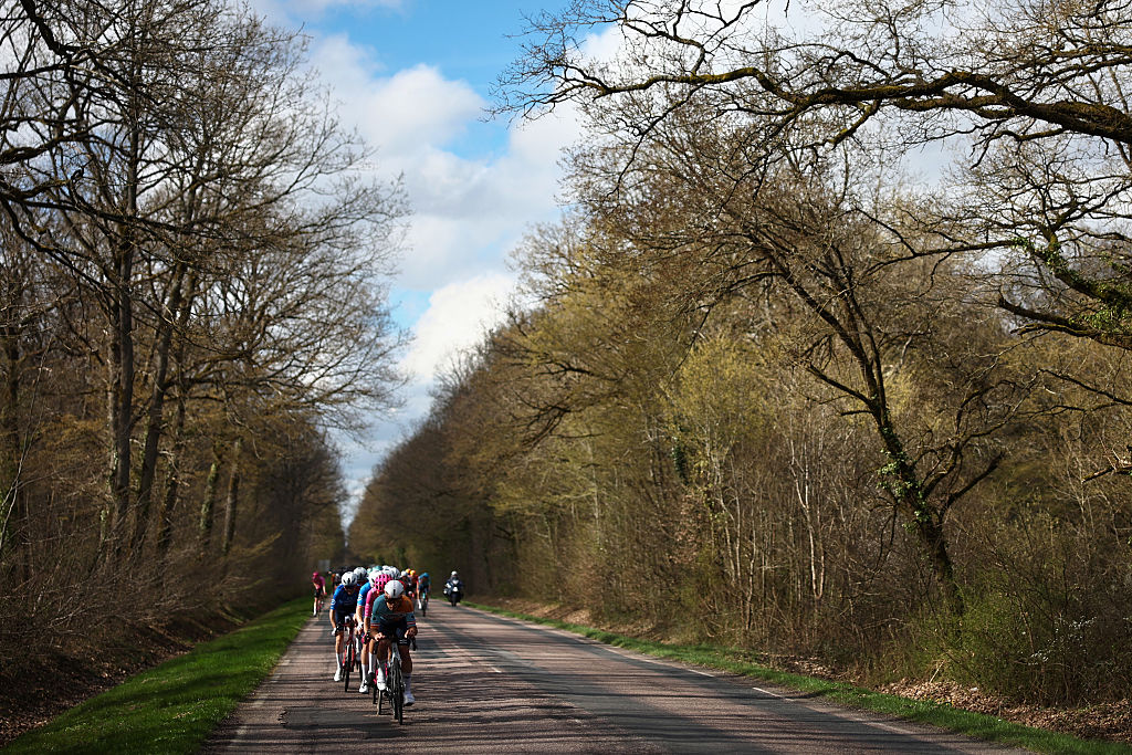 The pack rides during the 2nd stage of the Paris-Nice cycling race, 187 km between &Eacute;p&ocirc;ne and Montargis, on March 9, 2026. (Photo by Anne-Christine POUJOULAT / AFP)