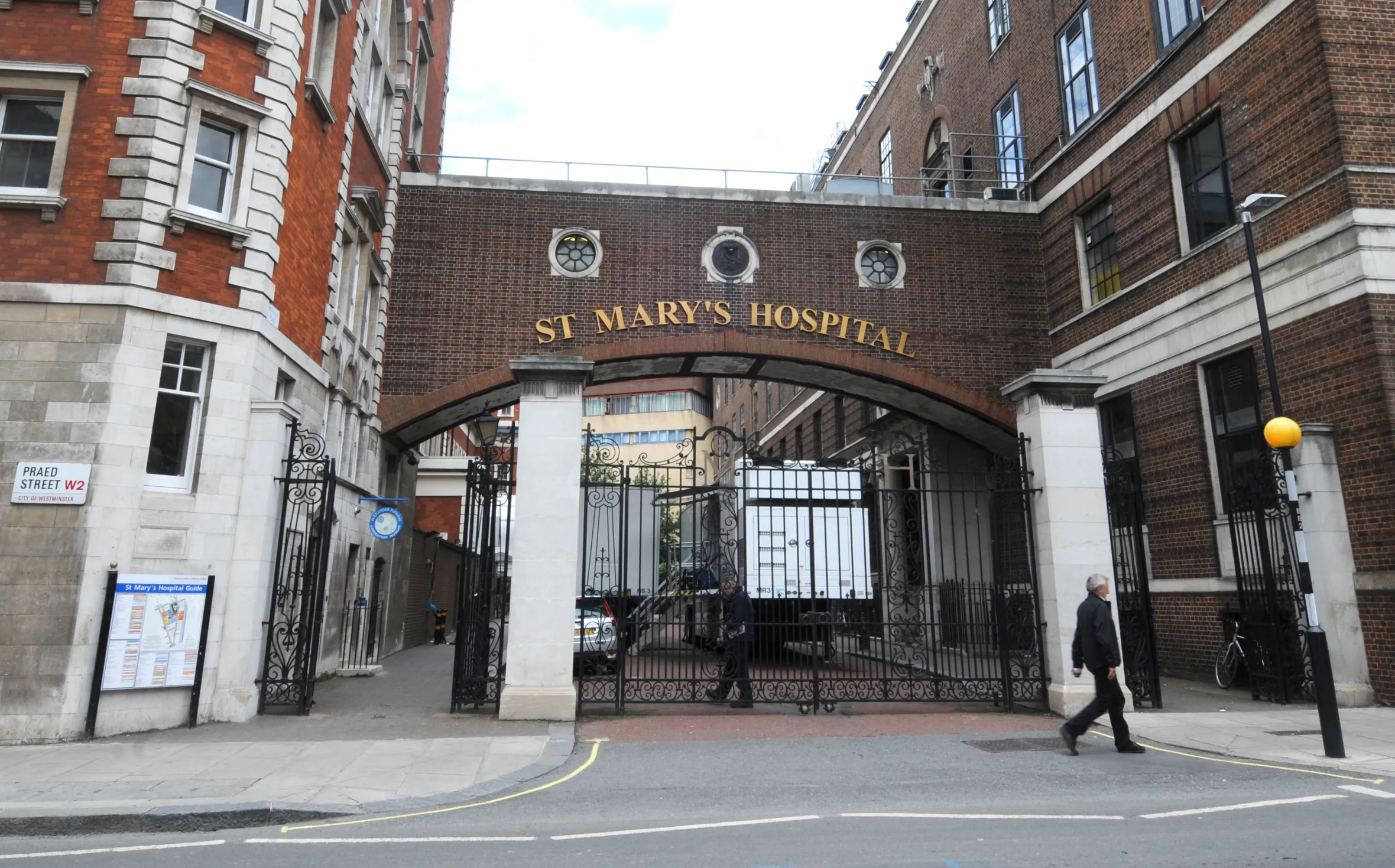 The exterior of St Mary's Hospital in Paddington, London, with its name prominently displayed on an archway.