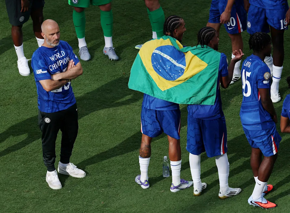 <p>Chelsea manager Enzo Maresca looks on as Andrey Santos and Joao Pedro hold a Brazil flag for the 2026 FIFA World Cup. Mandatory Credit: Amanda Perobelli-Reuters via Imagn Images</p>