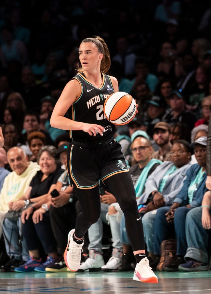 Sabrina Ionescu #20 of the New York Liberty handles the ball against the Washington Mystics during a regular season matchup at Barclays Center. Michelle Farsi/New York Post