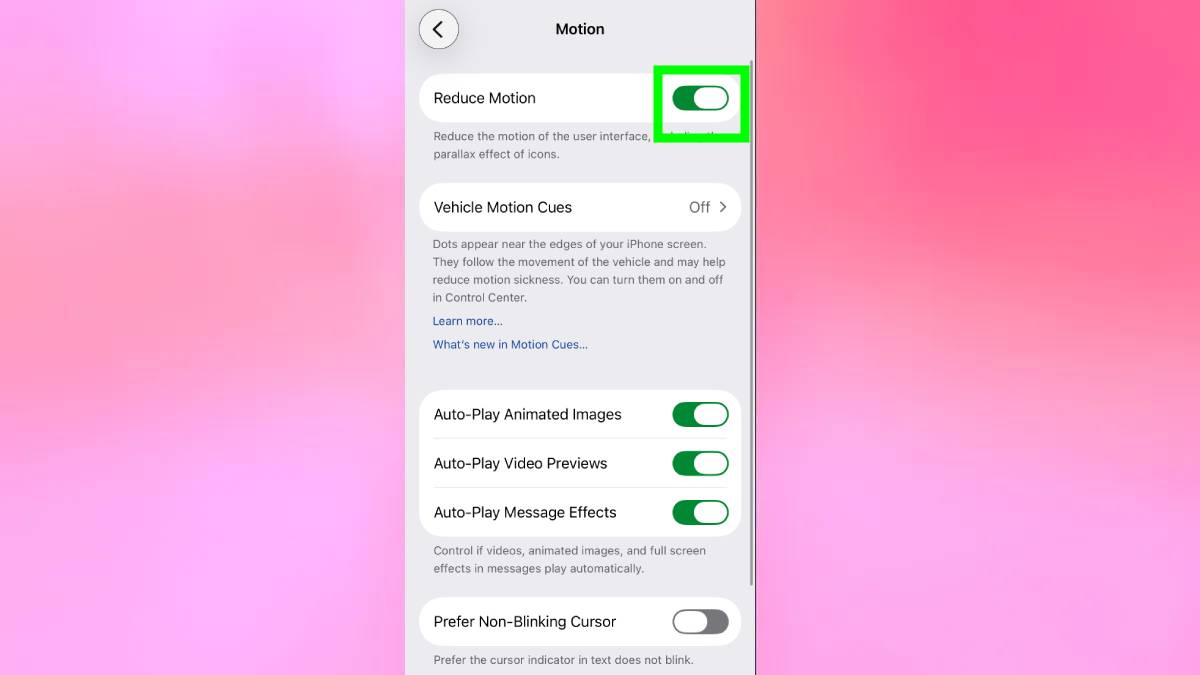 Reduce motion on iPhone iOS 26.4