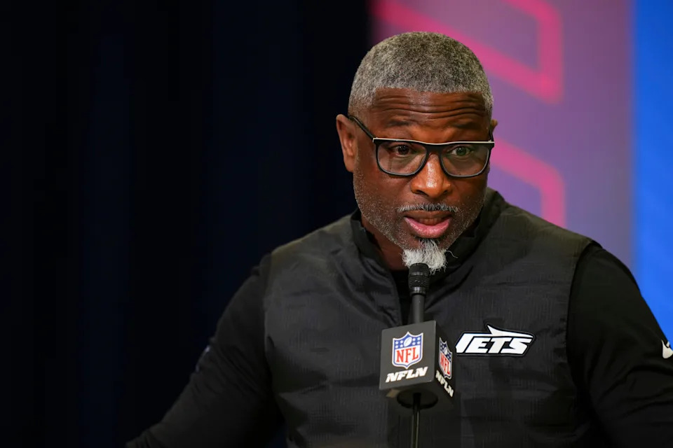 Jets coach Aaron Glenn speaks at the NFL scouting combine. (Photo by Cooper Neill/Getty Images)