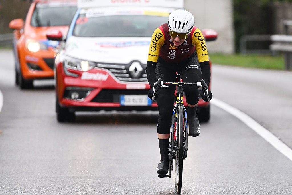 CITTIGLIO, ITALY - MARCH 15: Hannah Ludwig of Germany and Team Cofidis Women competes during the 27th Trofeo Alfredo Binda - Comune di Cittiglio 2026 a 152.7km one dat race from Luino to Cittiglio / #UCIWWT / on March 15, 2026 in Cittiglio, Italy.Luino, Italy. (Photo by Luc Claessen/Getty Images)