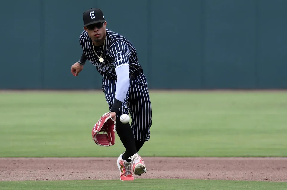 Greenville Drive infielder Franklin Arias (19) fields a ground ball Sunday, Aug. 24, 2025 during the MiLB baseball game against the Hub City Spartanburgers at Fifth Third Park in Spartanburg, South Carolina. (Alex Martin/Greenville News/USA TODAY NETWORK/Imagn Images)