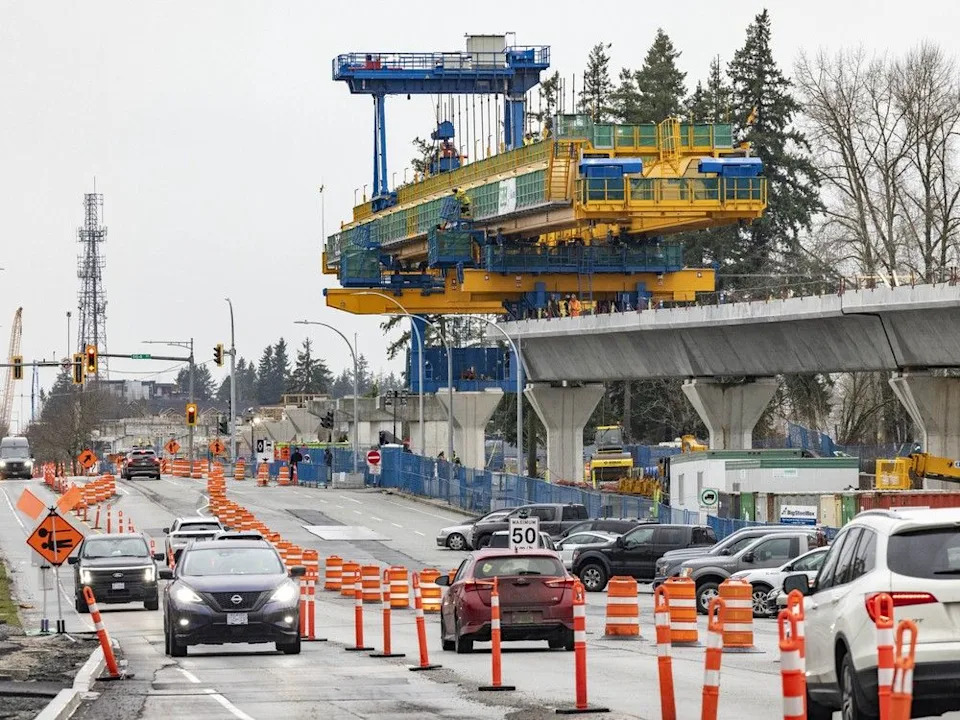 File photo: Skytrain construction along Fraser Highway near 166th Street in Surrey on Jan. 7, 2026.