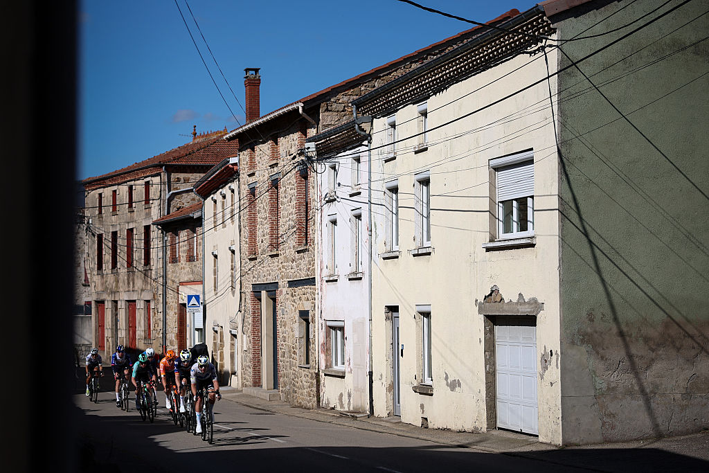 A group of riders cycle in a breakaway during the 5th stage of the Paris-Nice cycling race, 206.3 km between Cormoranche-sur-Sa&ocirc;ne and Colombier-le-Vieux, on March 12, 2026. (Photo by Anne-Christine POUJOULAT / AFP)