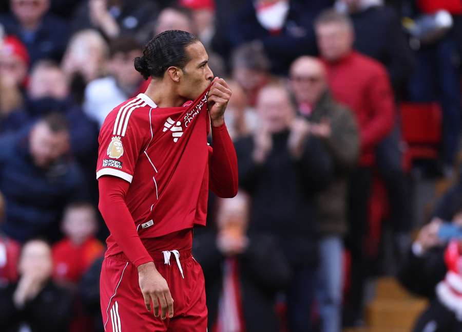 Liverpool's Virgil van Dijk celebrates scoring against West Ham