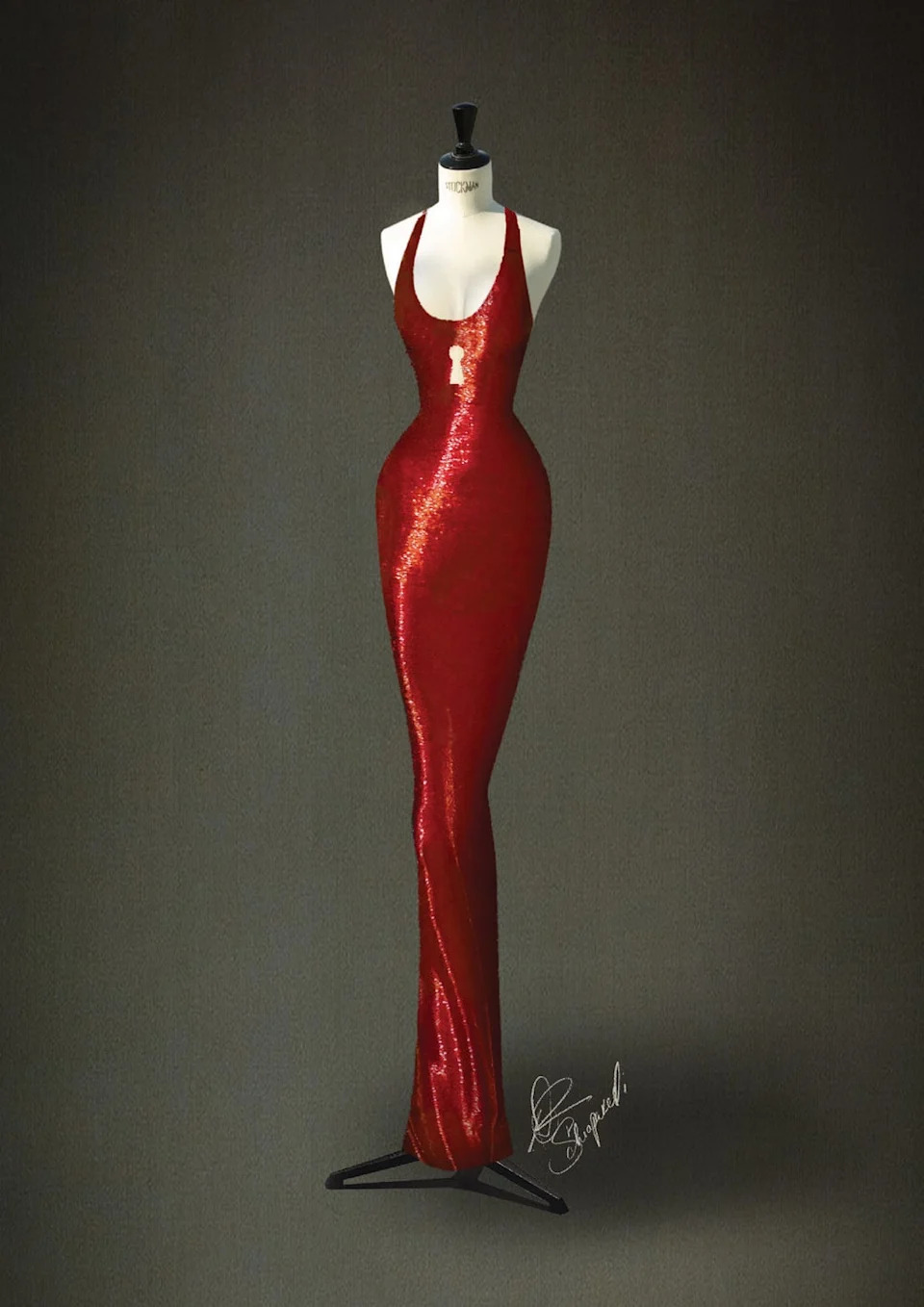 red sequined evening gown displayed on a mannequin