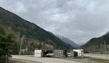 Hurricane-strength winds knocked over semi trucks on the Coquihalla Highway