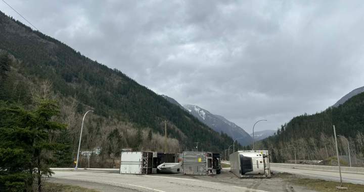 Hurricane-strength winds knocked over semi trucks on the Coquihalla Highway