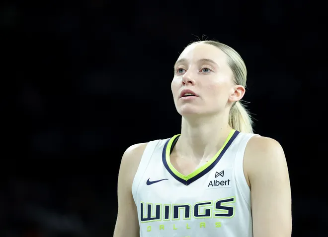 LAS VEGAS, NEVADA - JUNE 13: Paige Bueckers #5 of the Dallas Wings walks on the court during a break in the fourth quarter of a game against the Las Vegas Aces at Michelob ULTRA Arena on June 13, 2025 in Las Vegas, Nevada. The Aces defeated the Wings 88-84. NOTE TO USER: User expressly acknowledges and agrees that, by downloading and or using this photograph, User is consenting to the terms and conditions of the Getty Images License Agreement. (Photo by Ethan Miller/Getty Images)