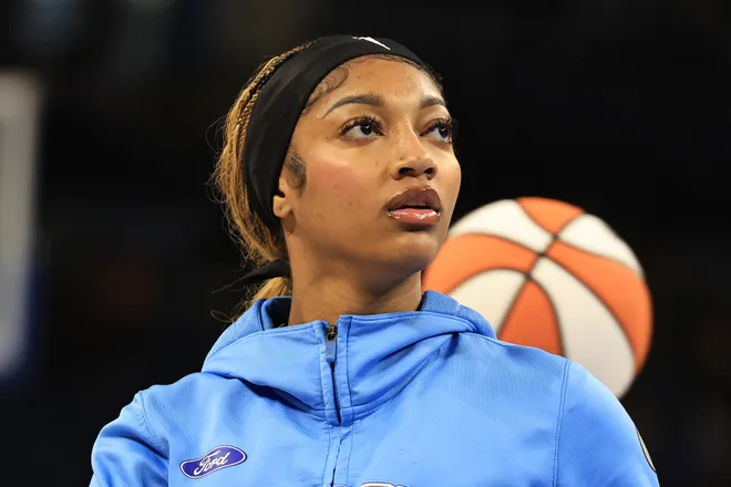 CHICAGO, ILLINOIS - JULY 14: Angel Reese #5 of the Chicago Sky looks on before a game against the Minnesota Lynx at Wintrust Arena on July 14, 2025 in Chicago, Illinois. NOTE TO USER: User expressly acknowledges and agrees that, by downloading and or using this photograph, User is consenting to the terms and conditions of the Getty Images License Agreement. (Photo by Geoff Stellfox/Getty Images)
