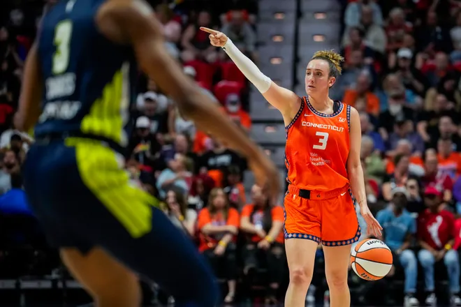 UNCASVILLE, CONNECTICUT - JUNE 20: Marina Mabrey #3 of the Connecticut Sun plays against the Dallas Wings during a WNBA basketball game at Mohegan Sun Arena on June 20, 2025 in Uncasville, Connecticut. NOTE TO USER: User expressly acknowledges and agrees that, by downloading and or using this Photograph, user is consenting to the terms and conditions of the Getty Images License Agreement. (Photo by Joe Buglewicz/Getty Images)